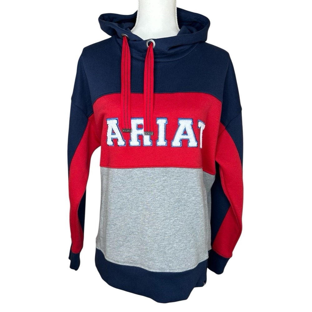 Ariat Women's Medium Rabere Team Hoodie Sweatshirt Navy Red Colorblock Workwear - Picture 3 of 13